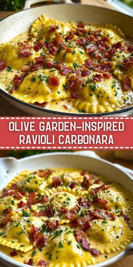 Delicious Olive Garden-inspired Ravioli Carbonara served with creamy sauce and herbs.