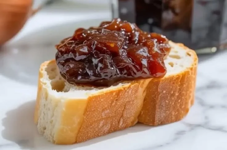 Jar of homemade onion jam with fresh onions and herbs