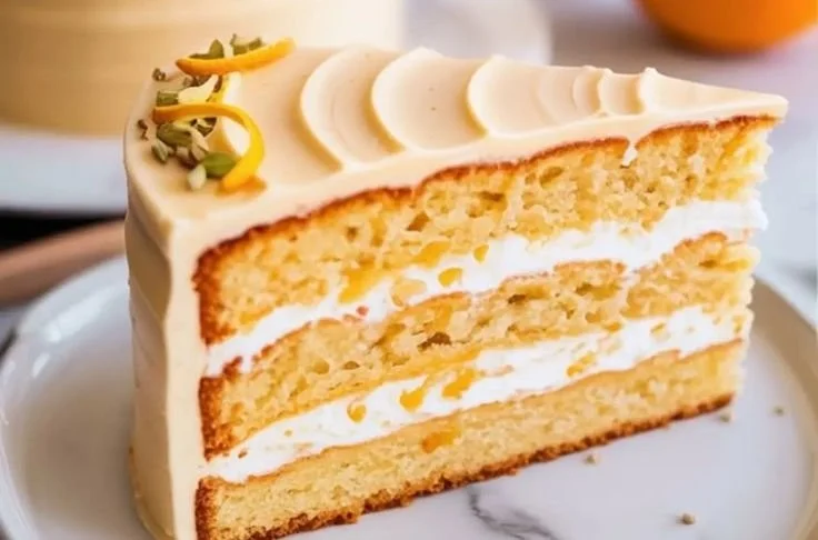 Slice of moist Orange Cardamom Cake with orange zest and cardamom on a rustic table.