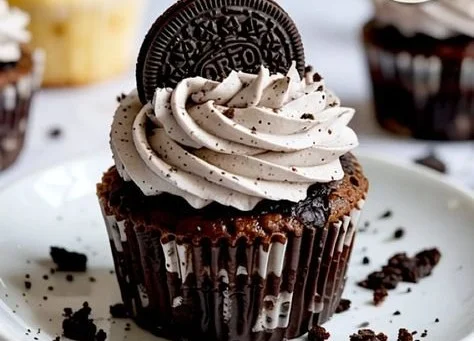 Delicious Oreo frosting swirl on a cupcake topped with chocolate crumbs.
