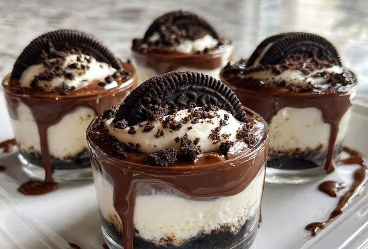 Delicious Oreo Lava Cheesecake Cups topped with crushed Oreos and chocolate sauce