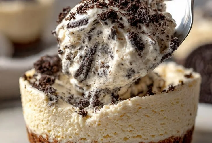 Delicious Oreo no-bake cheesecake cups topped with crushed Oreos.