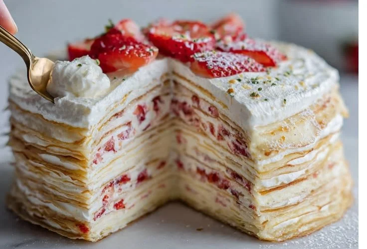 Delicious Pancake Crepe Cake with layers of fluffy pancakes and creamy filling.