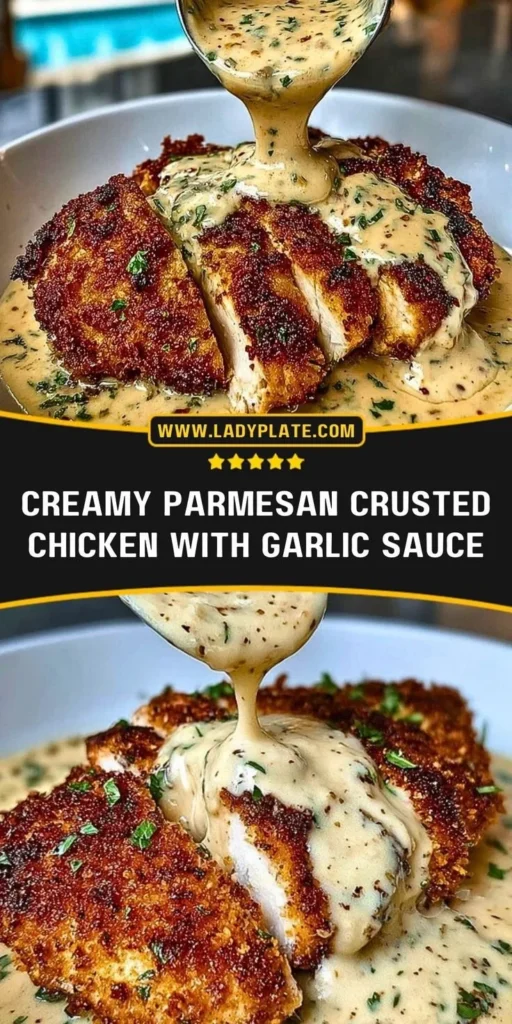 Parmesan crusted chicken served with a flavorful garlic sauce