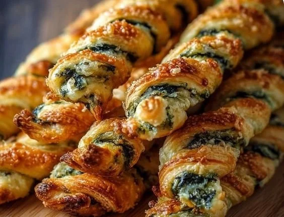 Plate of crispy Parmesan Spinach Cheese Twists with fresh herbs