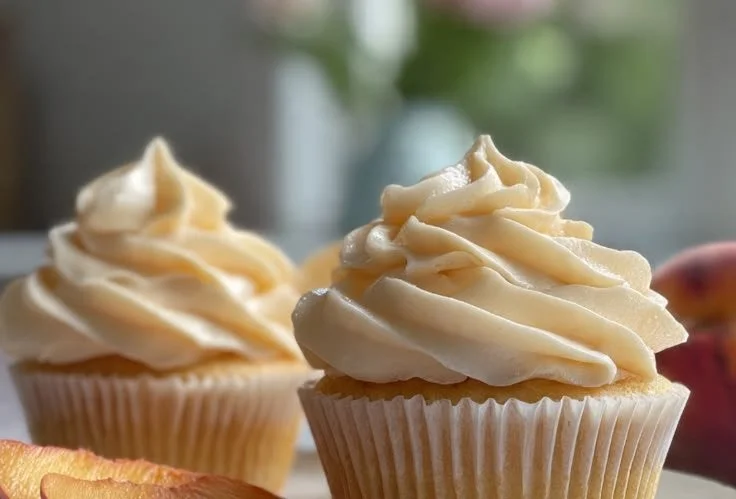 Delicious Peach Bellini Cupcakes topped with peach slices and sparkling icing.