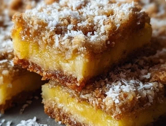 Tropical-style Pineapple Bliss Bars topped with fresh pineapple and coconut.