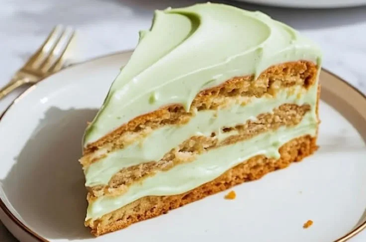 Slice of pistachio mascarpone cake on a white plate with decorative nuts