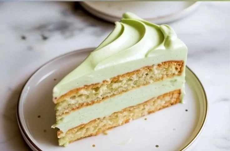Delicious pistachio mascarpone frosting on a cake slice