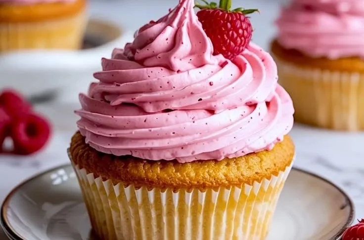 Raspberry Buttercream Frosting on a cupcake with fresh raspberries
