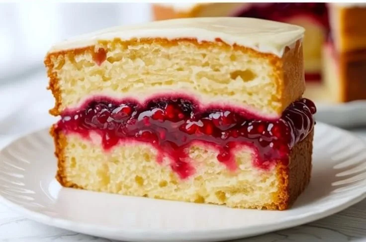Delicious raspberry cake filling spread on a fluffy cake layer.