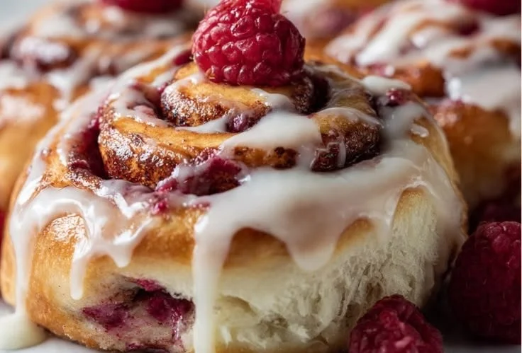 Freshly baked raspberry cinnamon rolls with icing on top