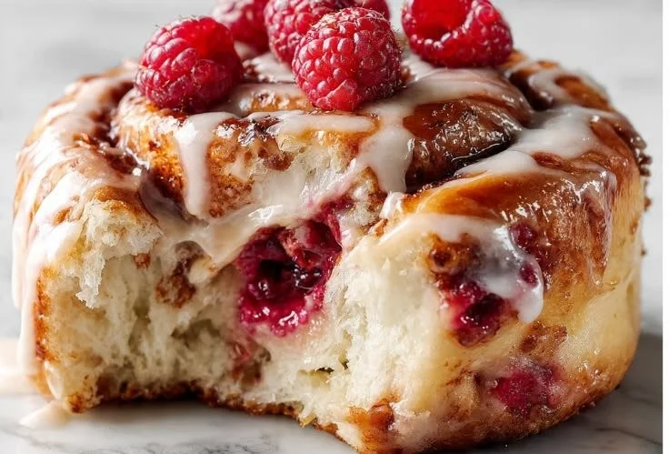 Freshly baked raspberry cinnamon rolls topped with lemon glaze