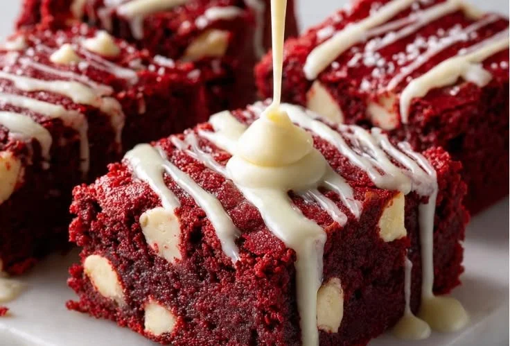 Deliciously fudgy Red Velvet Brownies topped with cream cheese frosting.