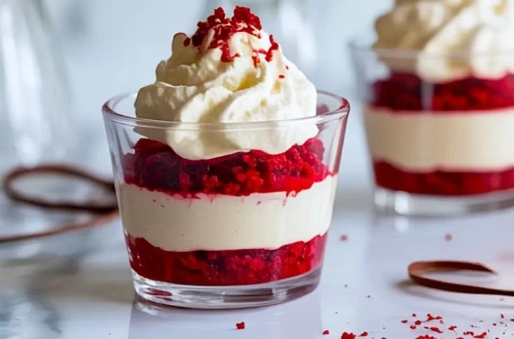 Delicious Red Velvet Dessert Cups topped with cream and sprinkles