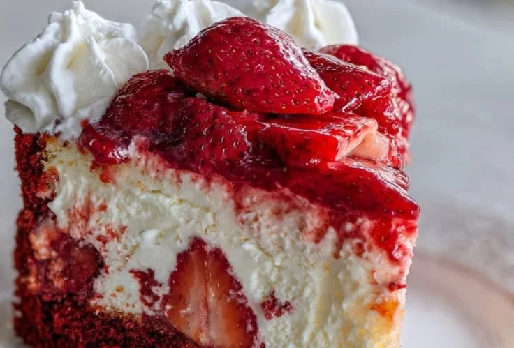 Red Velvet Strawberry Cheesecake with vibrant layers and fresh strawberries on top