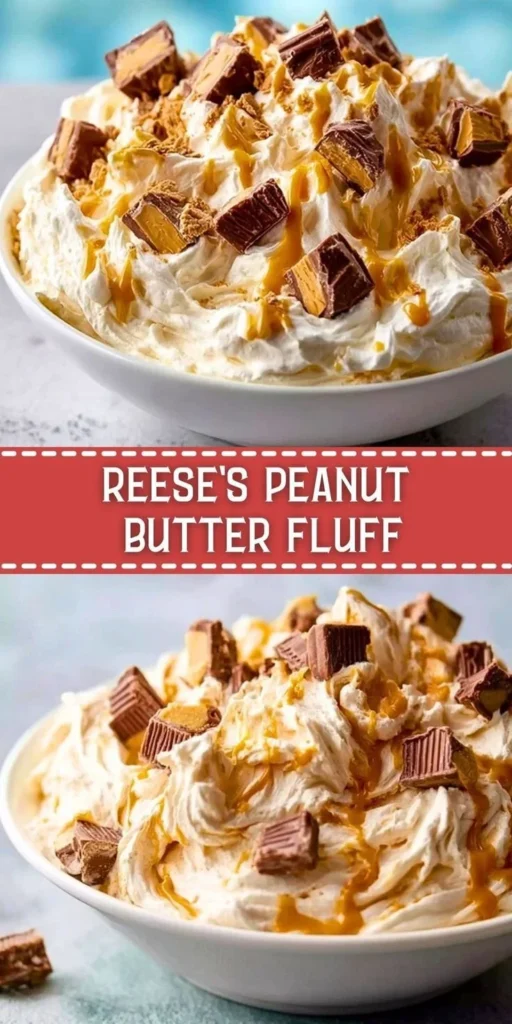 Reese's Peanut Butter Fluff dessert in a bowl with chocolate drizzle