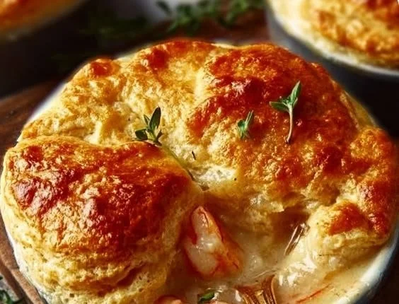Delicious Seafood Pot Pie topped with Cheddar Bay Biscuits