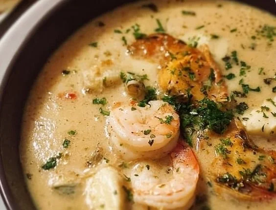 A bowl of rich and indulgent seafood soup with fresh ingredients and vibrant colors.