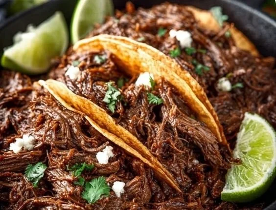 Delicious shredded beef tacos served with fresh toppings and a side of salsa