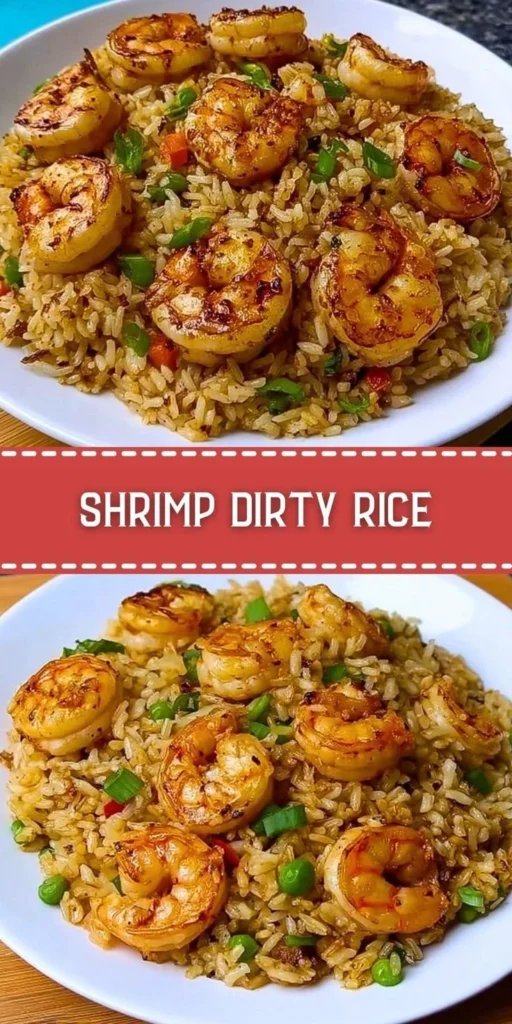 Plate of Shrimp Dirty Rice with vibrant spices and juicy shrimp