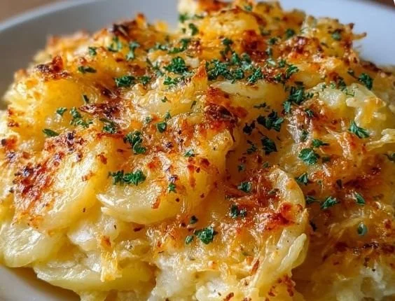 Slow cooker cheesy potato casserole topped with melted cheese and herbs.