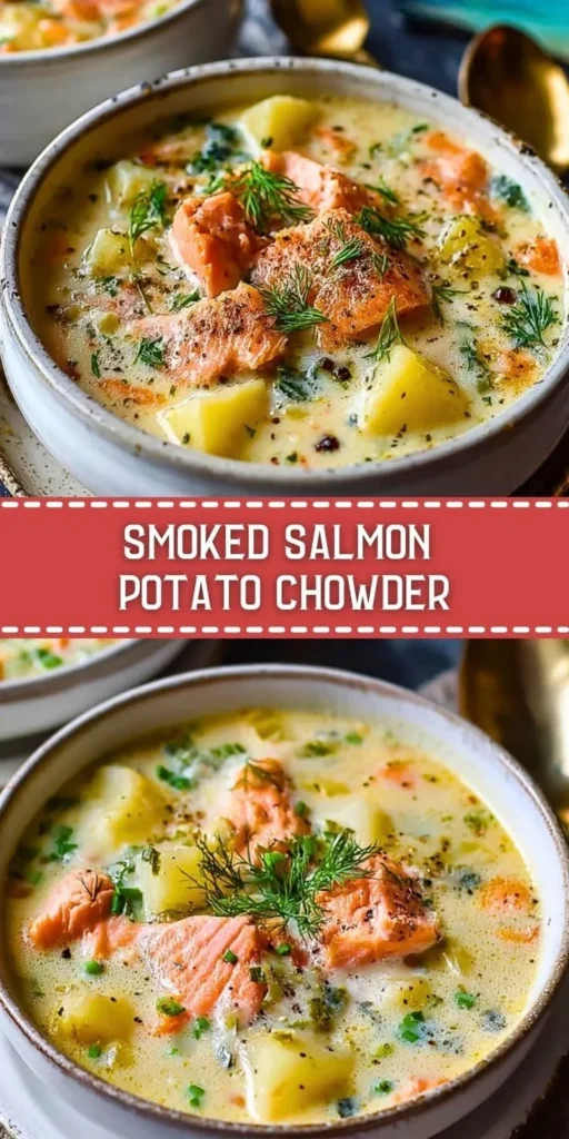 Delicious smoked salmon potato chowder in a bowl with herbs