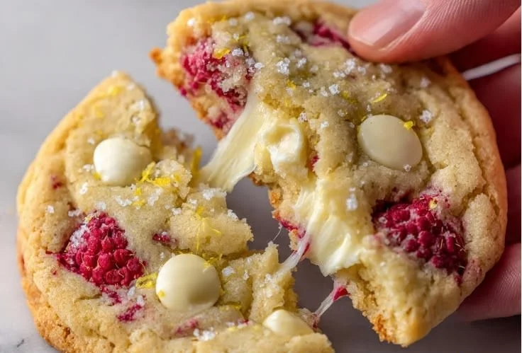 Soft lemon raspberry cookies with lemon zest and fresh raspberries