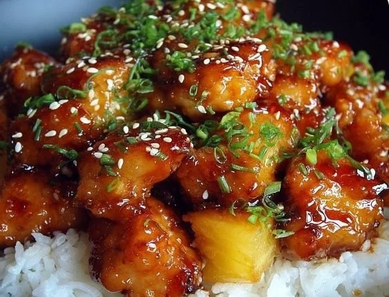 Delicious sticky pineapple teriyaki chicken served on a plate