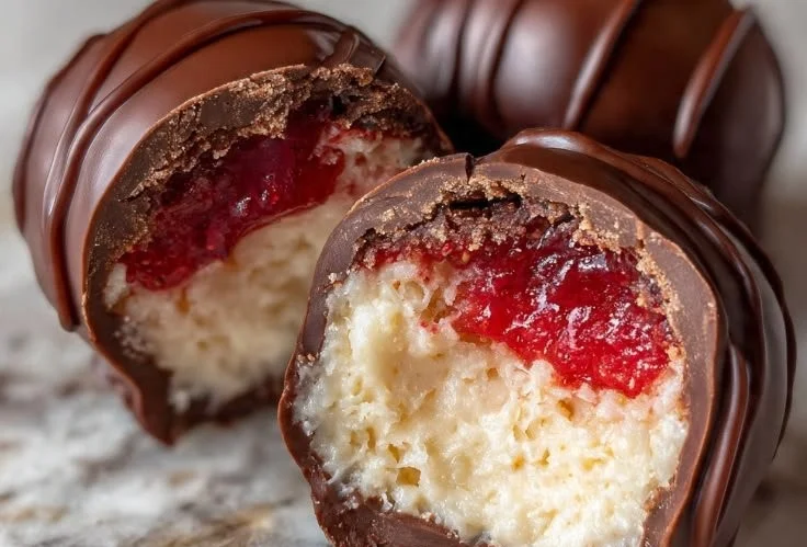 Strawberry cheesecake bites on a white plate, topped with fresh strawberries.