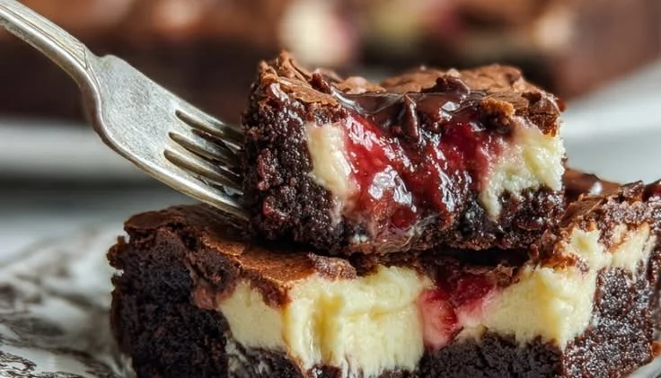 Strawberry cheesecake brownies topped with fresh strawberries and creamy cheesecake swirl.