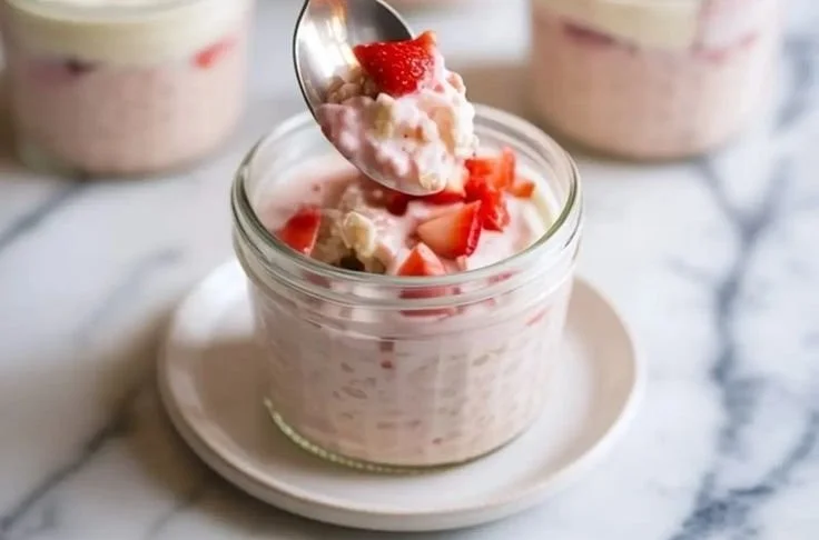 A bowl of strawberry cheesecake overnight oats topped with fresh strawberries.