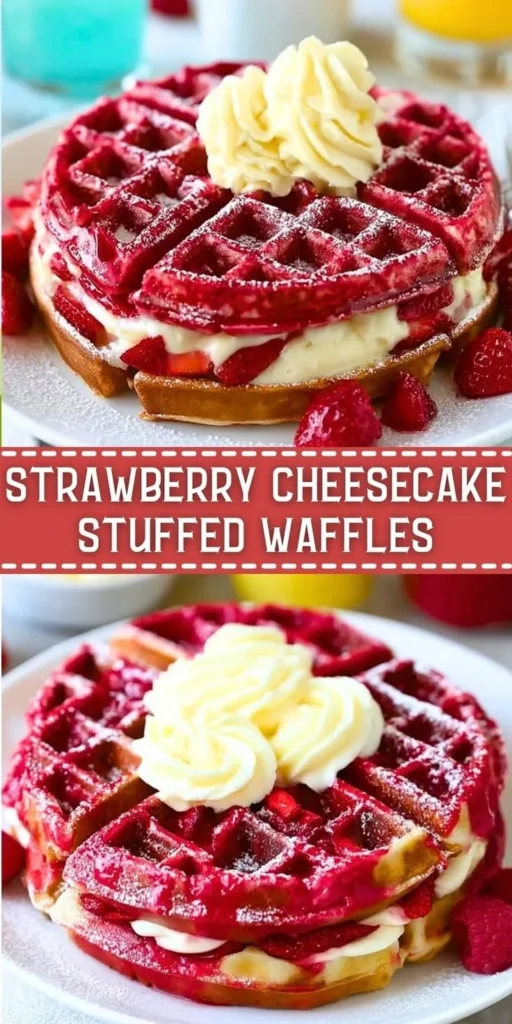 Delicious strawberry cheesecake stuffed waffles topped with fresh strawberries