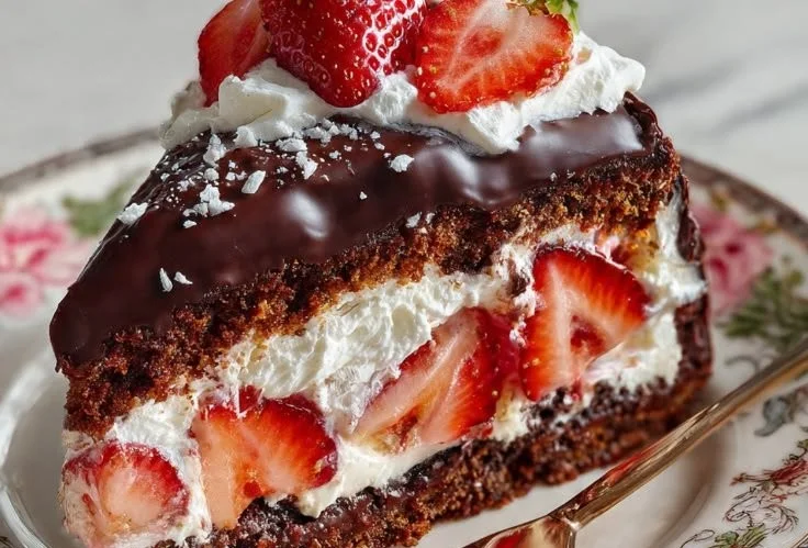 Delicious Strawberry Chocolate Shell Cake topped with fresh strawberries and chocolate glaze