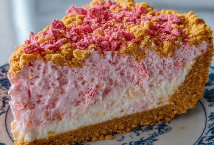 Delicious Strawberry Crunch Cheesecake with layers of cream and strawberry topping