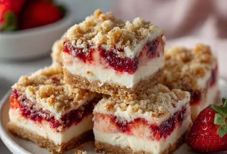 Delicious Strawberry Crunch Cheesecake Bars topped with strawberry and crunch toppings