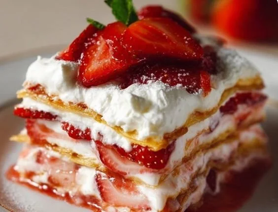 Delicious strawberry lasagna slice on a plate garnished with fresh strawberries