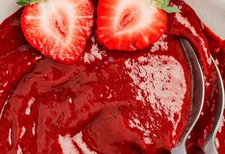 A bowl of vibrant strawberry purée made from fresh strawberries