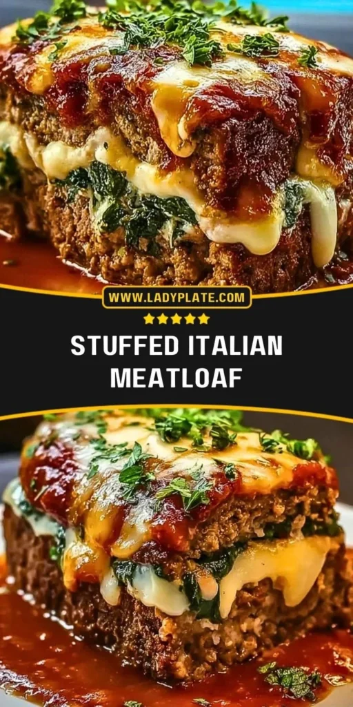 Stuffed Italian Meatloaf topped with marinara sauce and garnished with herbs
