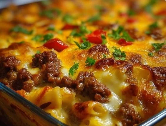 Delicious Supreme Hamburger Casserole served in a baking dish