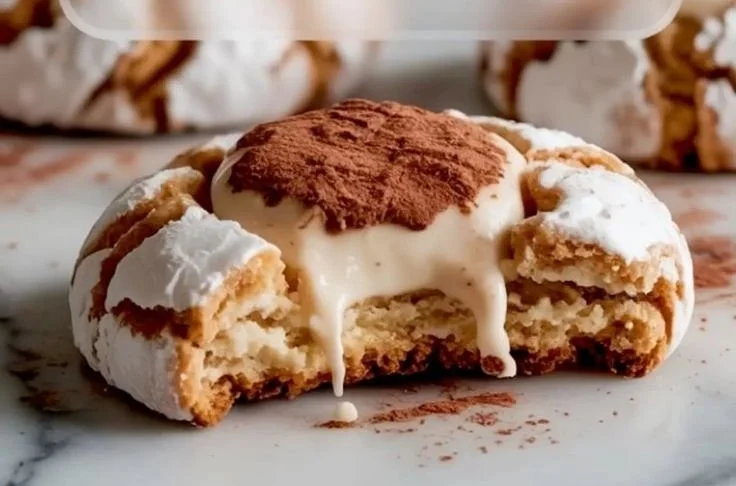 Delicious tiramisu cookies ready to serve, showcasing layers of coffee and cream flavors.