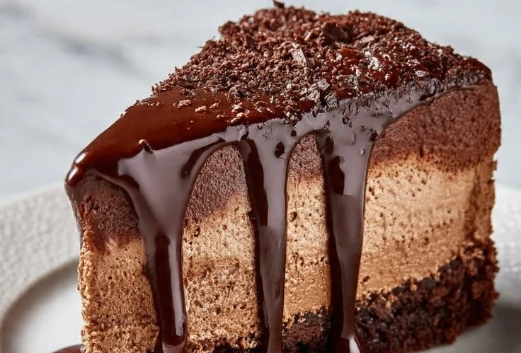 Triple Chocolate Mousse Cake topped with chocolate shavings and fresh berries