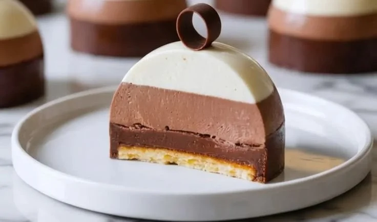 Triple chocolate mousse domes topped with chocolate shavings and served on a plate