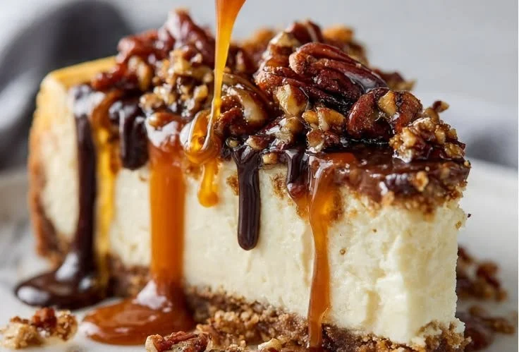 Delicious Turtle Cheesecake with caramel and chocolate drizzle