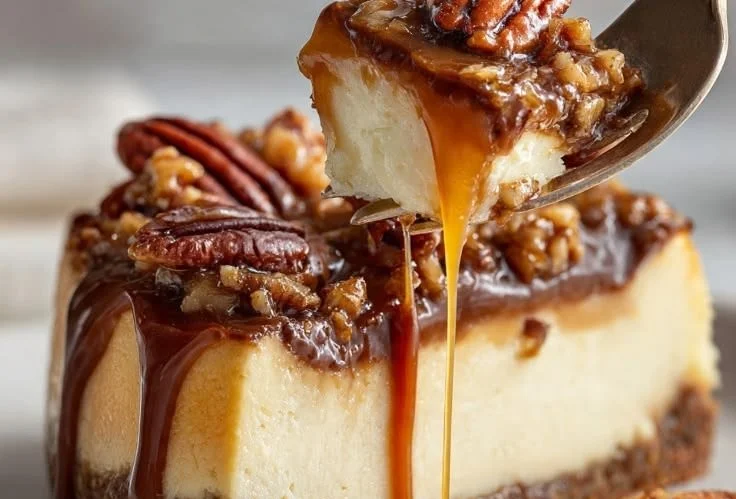 Delicious homemade Turtle Cheesecake topped with chocolate, caramel, and pecans.