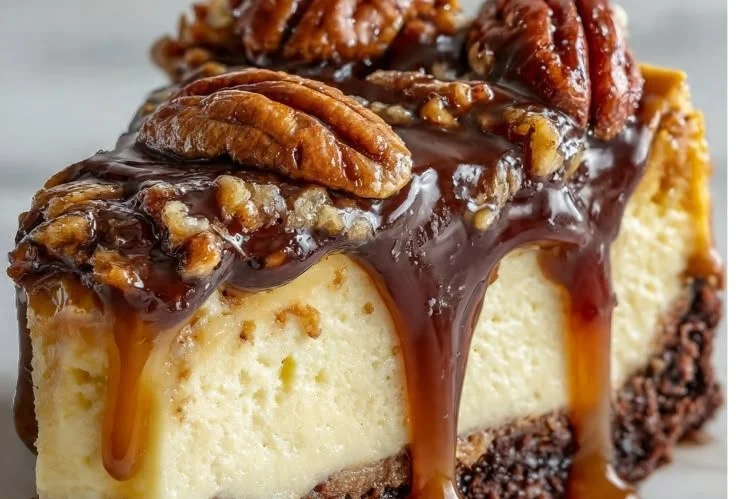 Delicious Turtle Cheesecake topped with chocolate and caramel sauce.