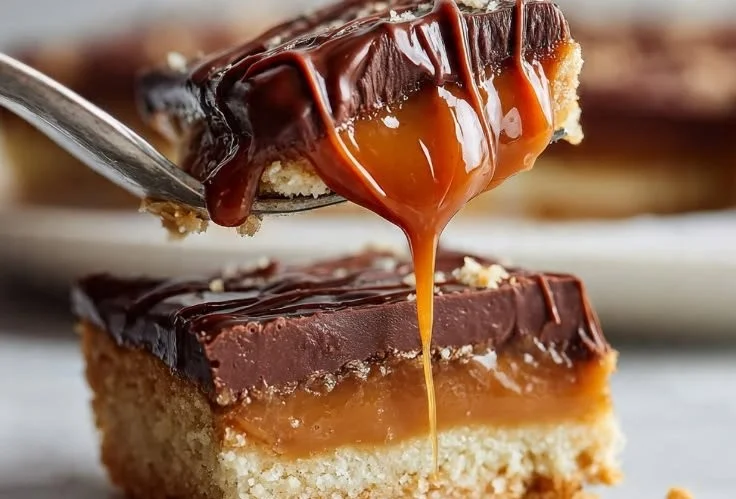 Delicious Twix Cookie Bars with chocolate, caramel, and cookie layers
