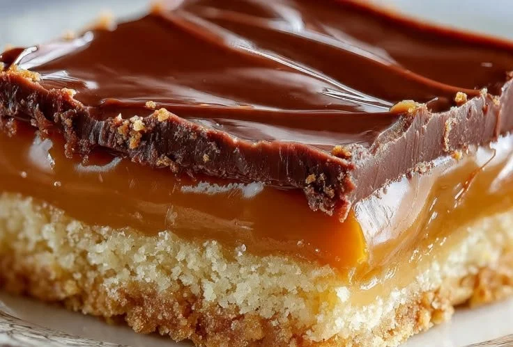 Delicious Twix Cookie Bars with cookie, caramel, and chocolate layers