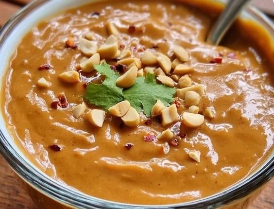 Bowl of creamy Thai Peanut Sauce with fresh ingredients for dipping and cooking