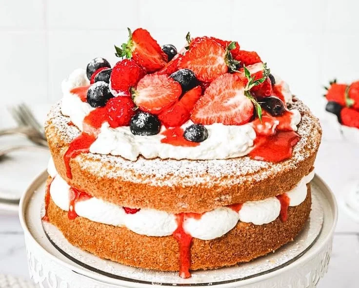 Deliciously layered Victoria Sponge Cake with cream and strawberries